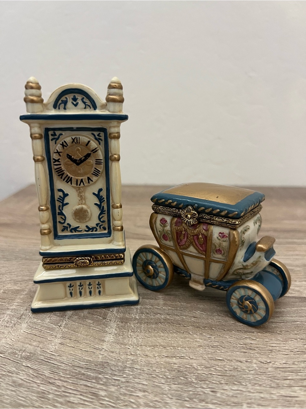 2 Vintage Hinge Trinket Boxes: Cinderella Blue Gold Carriage & Grandfather Clock